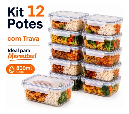 Kit 12 potes marmita com trava lateral freezer microondas