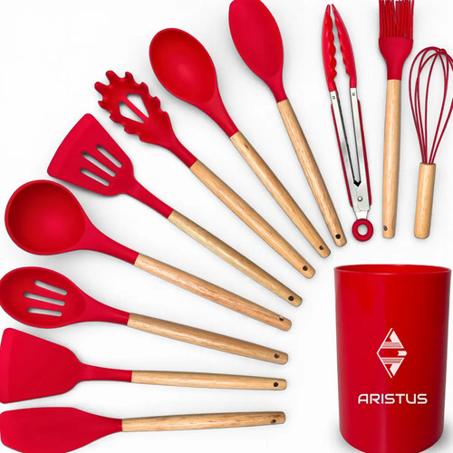 Kit 12 utensilios de cozinha em silicone premium com cabo de 1