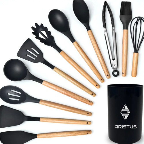 Kit 12 utensilios de cozinha em silicone premium com cabo de