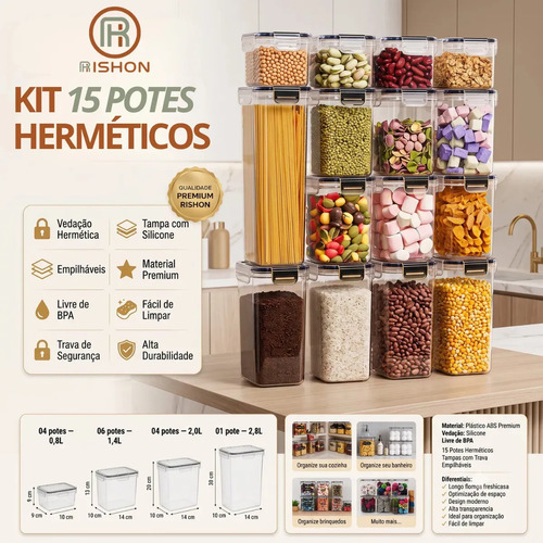 Kit 15 potes hermetico cadencia mantimentos quadrado cozinha 1
