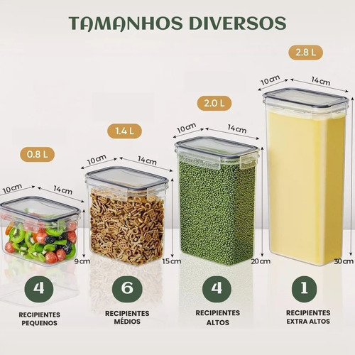 Kit 15 Potes Hermético Cadencia Mantimentos Quadrado Cozinha Branco