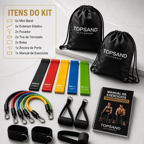 Kit 18 Itens Esportivos Para Treino Em Casa Academia Fitness Funcional Com Elásticos Extensor Puxadores Faixas Elásticas Mini Band P/ Exercícios Ginástica Fisioterapia - Topsand Activewear