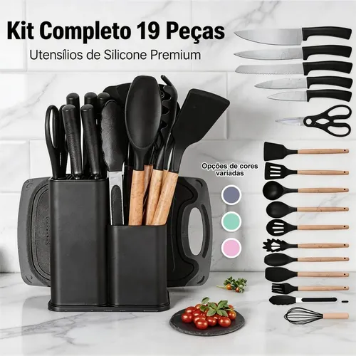 Kit 19 utensilios para cozinha com tabua e espatula preto