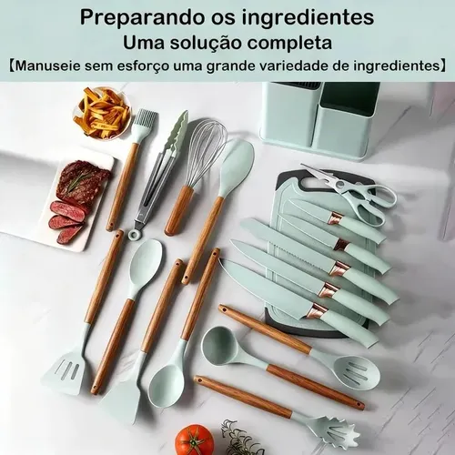 Kit 19 Utensílios Para Cozinha Com Tábua E Espátula Preto