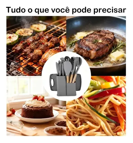 Kit 19 Utensílios Para Cozinha Com Tábua E Espátula Preto