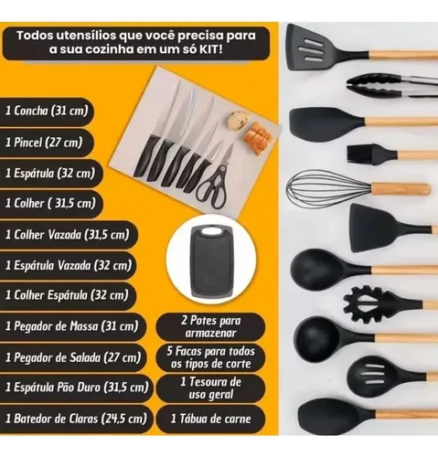 Kit 19 Utensílios Para Cozinha Com Tábua E Espátula Preto