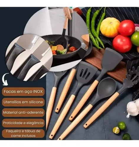 Kit 19 Utensílios Para Cozinha Com Tábua E Espátula Preto