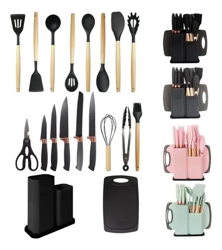 Kit 19 Utensílios Para Cozinha Com Tábua E Espátula Preto