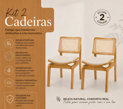 Kit 2 Cadeira Para Sala De Jantar Madeira Maciça Rattan