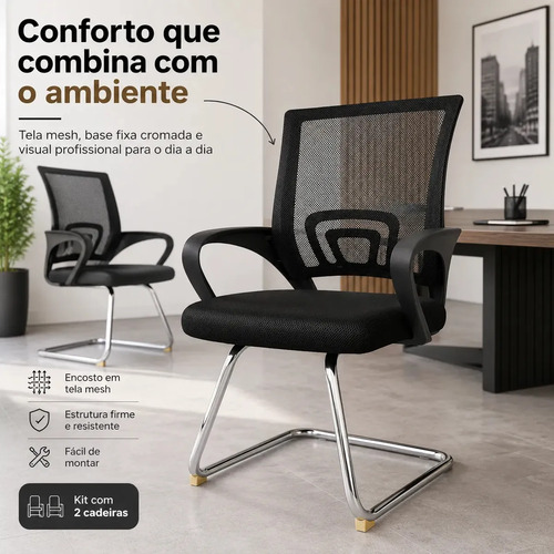 Kit 2 Cadeiras De Escritório Secretária Base Fixa Cor Preto Império Brazil Business