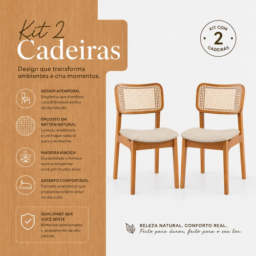 Kit 2 Cadeiras Sala De Jantar Madeira Maciça Couro Caramelo