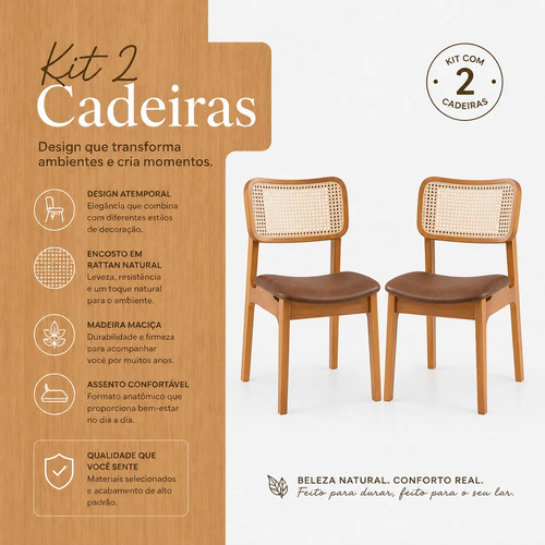 Kit 2 Cadeiras Sala De Jantar Madeira Maciça Couro Caramelo