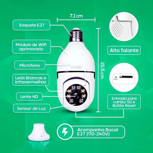 Kit 2 Câmeras Lampada De Segurança Ip Wifi Com Visão Noturna Interna Externa App Yoosee Espiã 360º Cor Branco Casenn