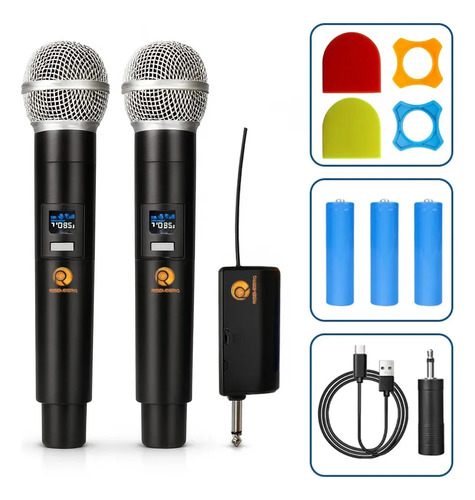 Kit 2 microfones sem fio dinamico duplo recarregavel profiss