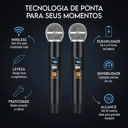Kit 2 Microfones Sem Fio Dinâmico Duplo Recarregável Profissional Uhf Led Karaokê Palestras Shows Igrejas Apresentações Bar Cancelamento De Ruído Anti-larsen Bateria Cardioide Palco Reuniões Risemberg