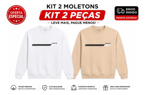 Kit 2 Moletons Careca Paris Flanelado Premium Diversas Cores