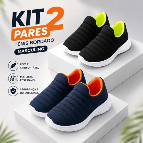 Kit 2 pares tenis infantil bordado confortavel calce facil