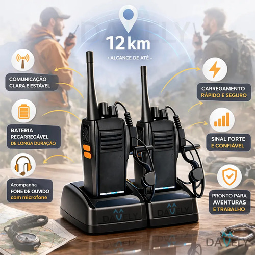 Kit 2 Rádios Comunicadores Walkie Talkie Baofeng 777S Profissional Eventos Radinho walk talk - Com Fone Microfone e Acessórios - Radio De Comunicação Segura Longo distancia Com 16 Canais Davel