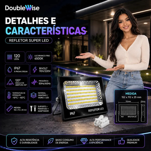 Kit 2 Refletores LED 400W Double Wise Branco Frio IP67 Áreas Externas