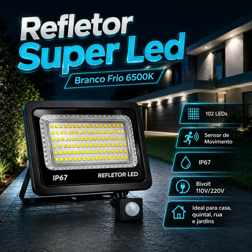 Kit 2 refletores super led com sensor presenca luz branco fr