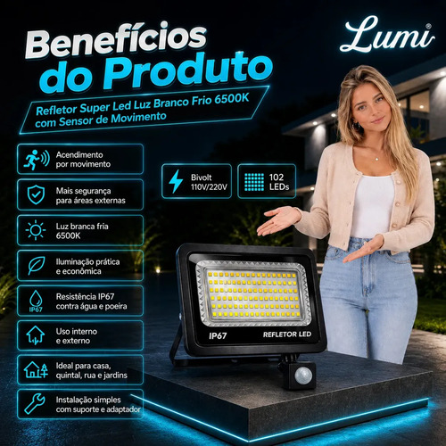 Kit 2 Refletores Super Led Com Sensor Presença Luz Branco Frio 6500k 400w Holofote Ip67 Alta Iluminação