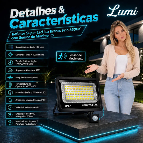 Kit 2 Refletores Super Led Com Sensor Presença Luz Branco Frio 6500k 400w Holofote Ip67 Alta Iluminação