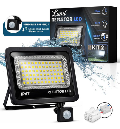 Kit 2 Refletores Super Led Com Sensor Presença Luz Branco Frio 6500k 400w Holofote Ip67 Alta Iluminação