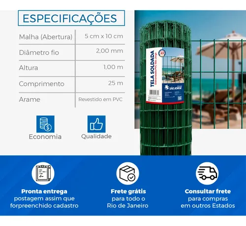 Kit 2 Tela Soldada 05x10 Pvc Fio 2mm 25x1,00 - São Jorge