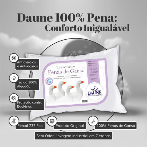 Kit 2 Travesseiros Daune 100% Pena de Ganso Antialérgico 70x50cm