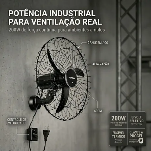 Kit 2 Ventilador Parede 60cm Osc Ventisol Bivolt Industrial