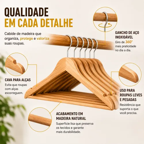 Kit 20 Cabides D Madeira Marfim Adulto Luxo Gancho Giratório