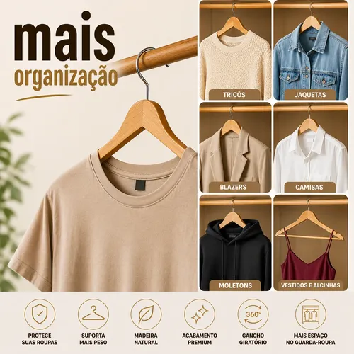 Kit 20 Cabides D Madeira Marfim Adulto Luxo Gancho Giratório