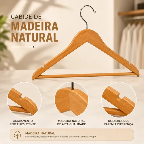 Kit 20 Cabides D Madeira Marfim Adulto Luxo Gancho Giratório
