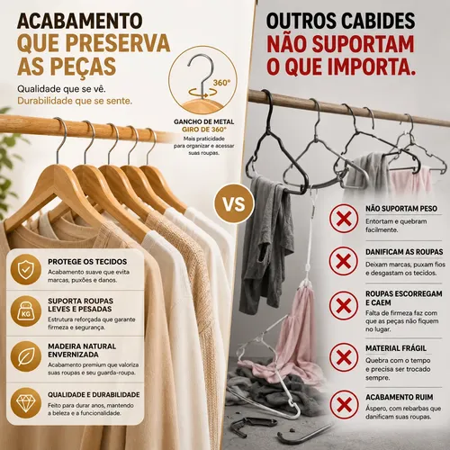 Kit 20 Cabides D Madeira Marfim Adulto Luxo Gancho Giratório