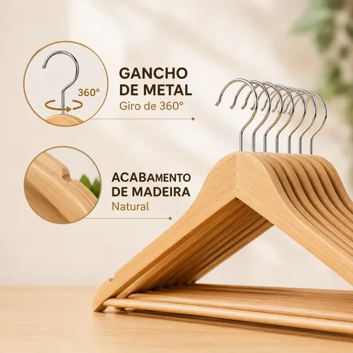 Kit 20 Cabides D Madeira Marfim Adulto Luxo Gancho Giratório