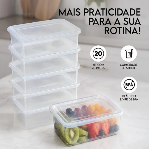 Kit 20 Potes 500 Ml Transparente Marmita Fitness Bpa Free Reutilizável Tampa Hermética Micro E Freezer Ponte Lar Utilidades