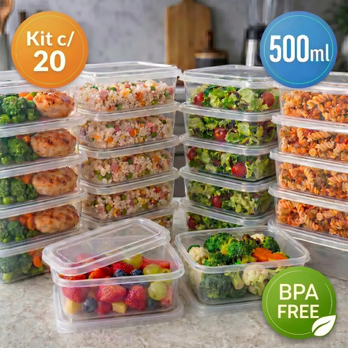 Kit 20 Potes 500 Ml Transparente Marmita Fitness Bpa Free Reutilizável Tampa Hermética Micro E Freezer Ponte Lar Utilidades