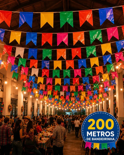 Kit 200 metros bandeirinha festa junina colorida de plastico