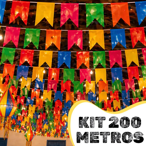 Kit 200m bandeirinhas festa junina plastico resistente decor