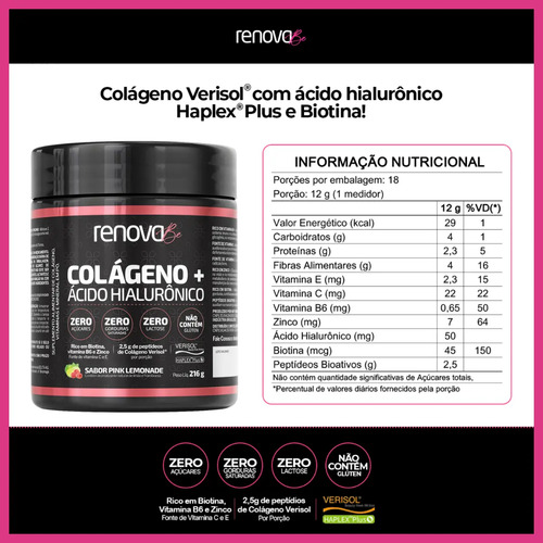 Kit 2x Colágeno + Ácido Hialurônico Renova Be Verisol Hidrolisado Zero Lactose Vitaminas E C B6 Proteína Biotina Zinco