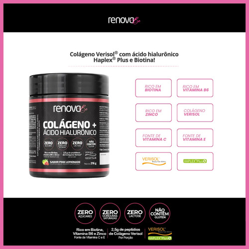 Kit 2x Colágeno + Ácido Hialurônico Renova Be Verisol Hidrolisado Zero Lactose Vitaminas E C B6 Proteína Biotina Zinco