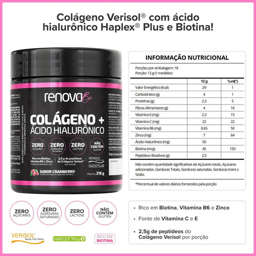 Kit 2x Colágeno + Ácido Hialurônico Verisol Renova Be Colágeno Hidrolisado Zero Lactose Vitaminas E, C, B6 Biotina e Zinco + Creme