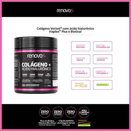 Kit 2x Colágeno + Ácido Hialurônico Verisol Renova Be Colágeno Hidrolisado Zero Lactose Vitaminas E, C, B6 Biotina e Zinco + Creme