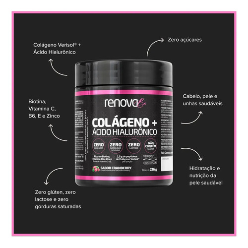 Kit 2x Colágeno + Ácido Hialurônico Verisol Renova Be Colágeno Hidrolisado Zero Lactose Vitaminas E, C, B6 Biotina e Zinco + Creme