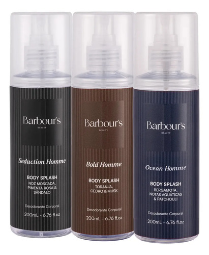 Kit 3 body splash masculino homme desodorante barbours 200ml