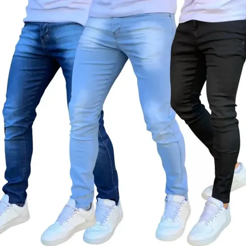 Kit 3 calca jeans masculina skinny costura reforcada