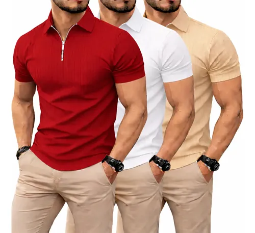 Kit 3 camiseta polo manga curta com ziper masculina canelada
