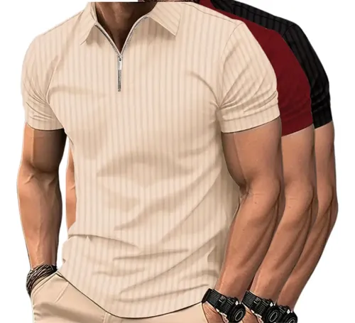 Kit 3 Camiseta Polo Manga Curta Com Zíper Masculina Canelada