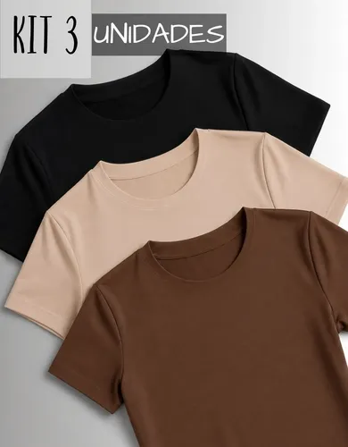 Kit 3 camisetas manga curta blusas femininas baby look comfy