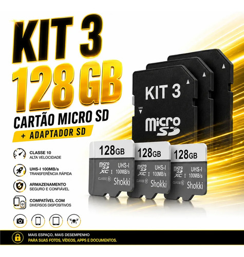 Kit 3 cartoes micro sd 128gb classe 10 om adaptador sd alta